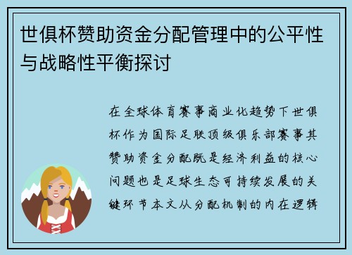 世俱杯赞助资金分配管理中的公平性与战略性平衡探讨