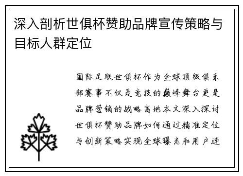 深入剖析世俱杯赞助品牌宣传策略与目标人群定位