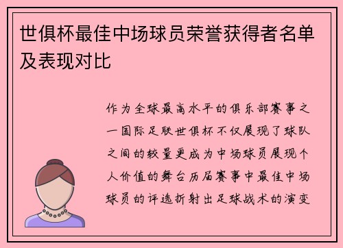 世俱杯最佳中场球员荣誉获得者名单及表现对比